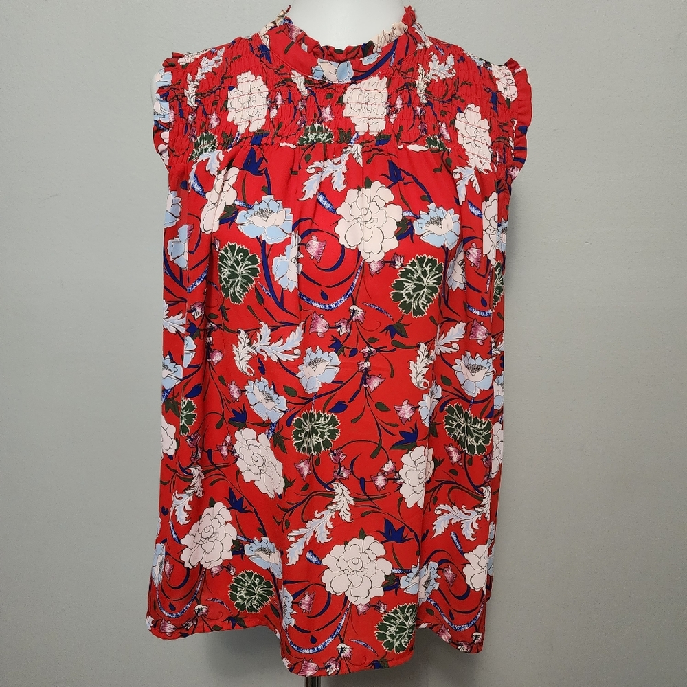 Eliane Rose Sleeveless Red Floral Smocked High-Neck Blouse XL